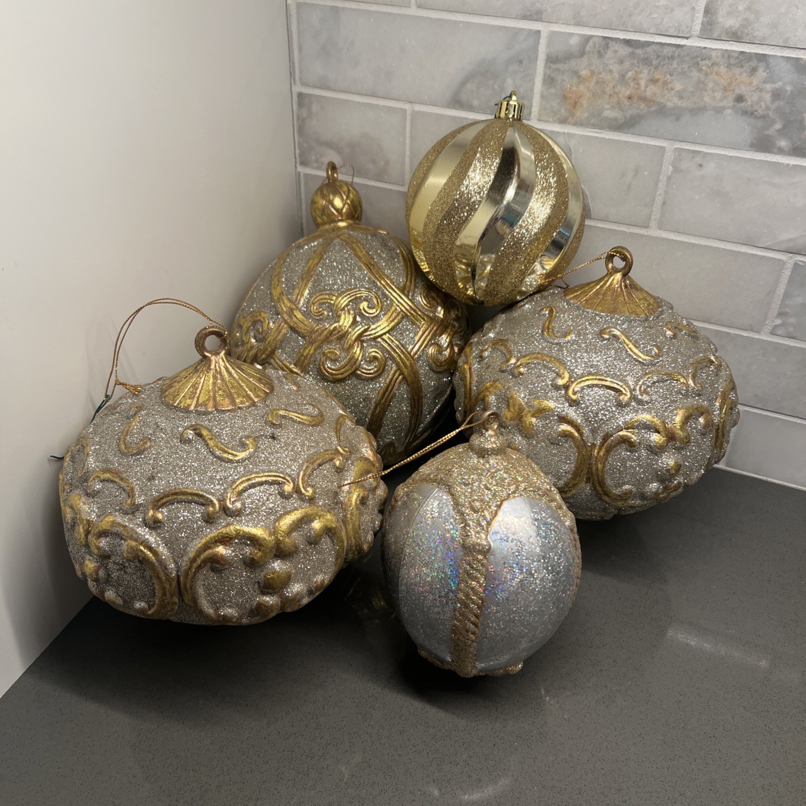 6 Extra Large/Large Gold Silver Glitter Ball Ornamental Decor