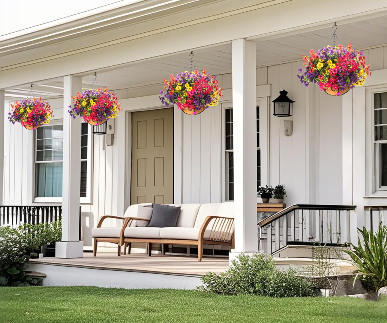 2 Set Artificial Outdoor Flowers with Hanging Baskets – 24 Pcs Planters for Gard