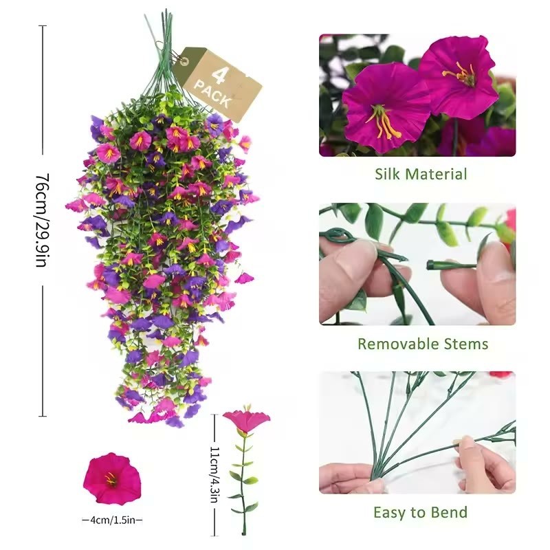 4PCS Artificial Morning Glory Vines UV Resistant Hanging Flowers Outdoor Decor