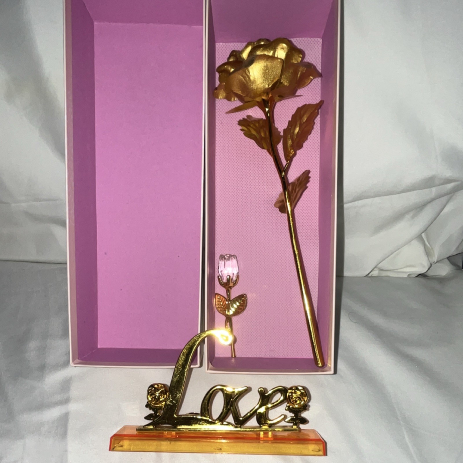 Rose of Love Artificial Gold Rose Flower Bouquet with ‘Love’ Stand in Gift Box