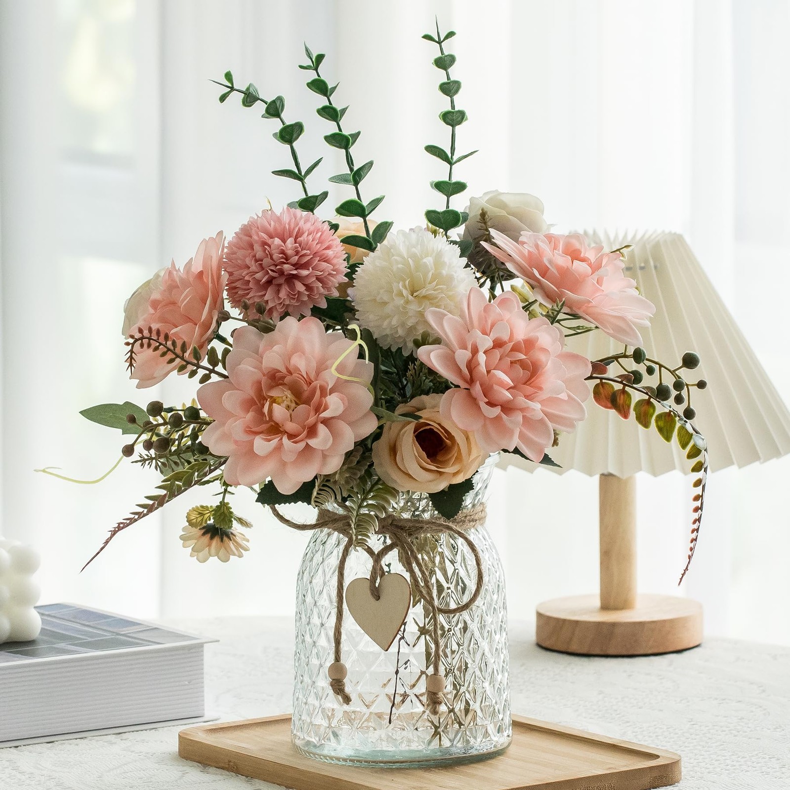 Fake Flowers with Vase,Faux Flowers in Vase for Home Decor,Silk Pink Dahlia A…