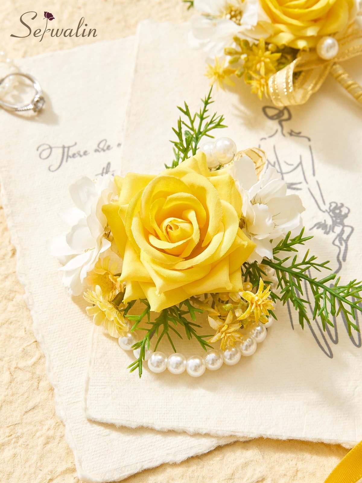 Yellow Rose Corsage and Boutonniere Set, Artificial Silk Rose Wrist Corsage W