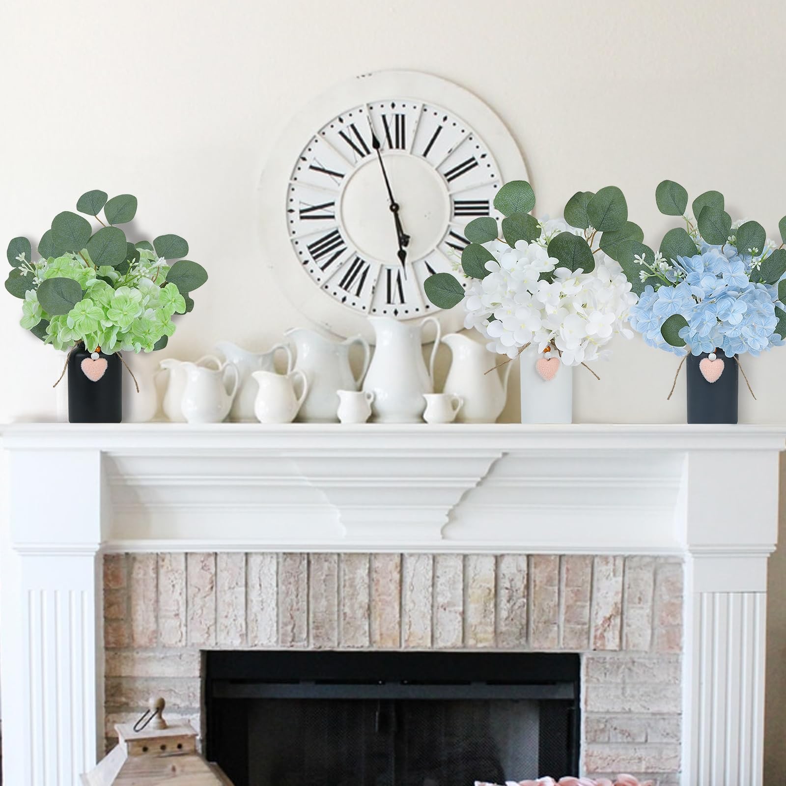 Artificial Hydrangea Flowers in Mason Jar Vase, Set of 3 Faux Hydrangea and E…