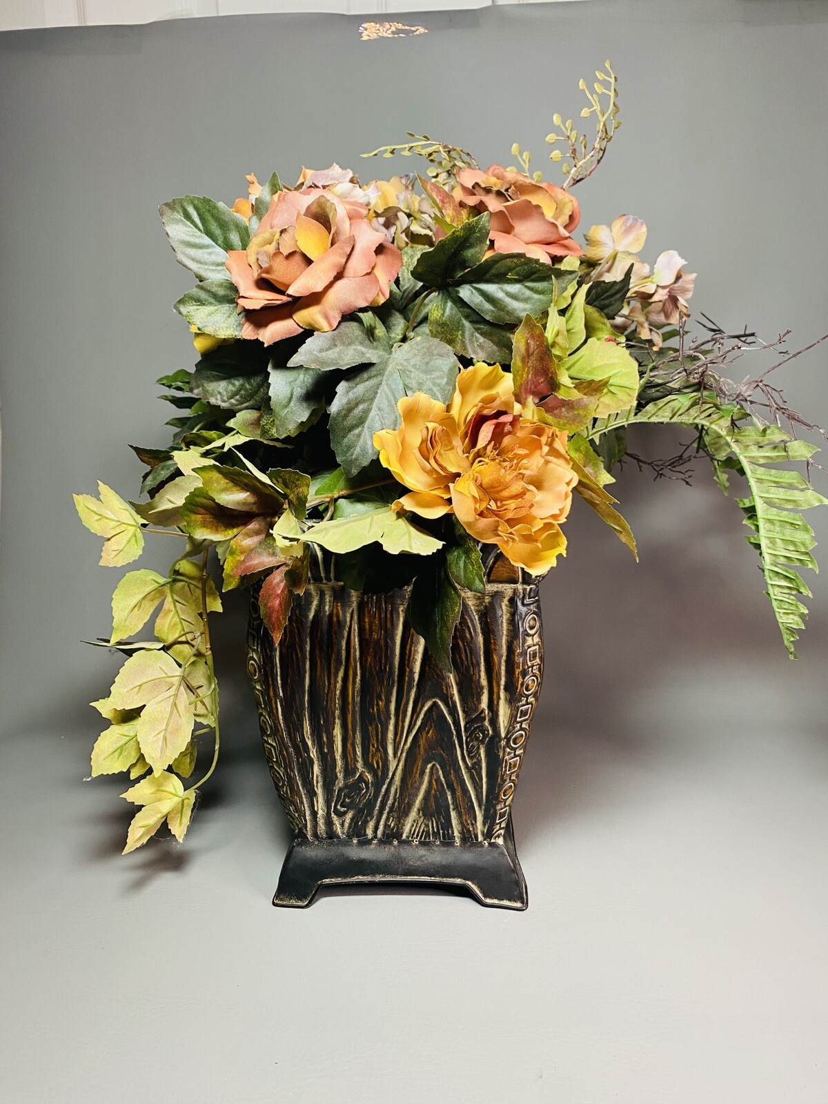 Autumn Silk Flower Foliage Arrangement Décor in Metal Planter 20″ Tall Fall Hues