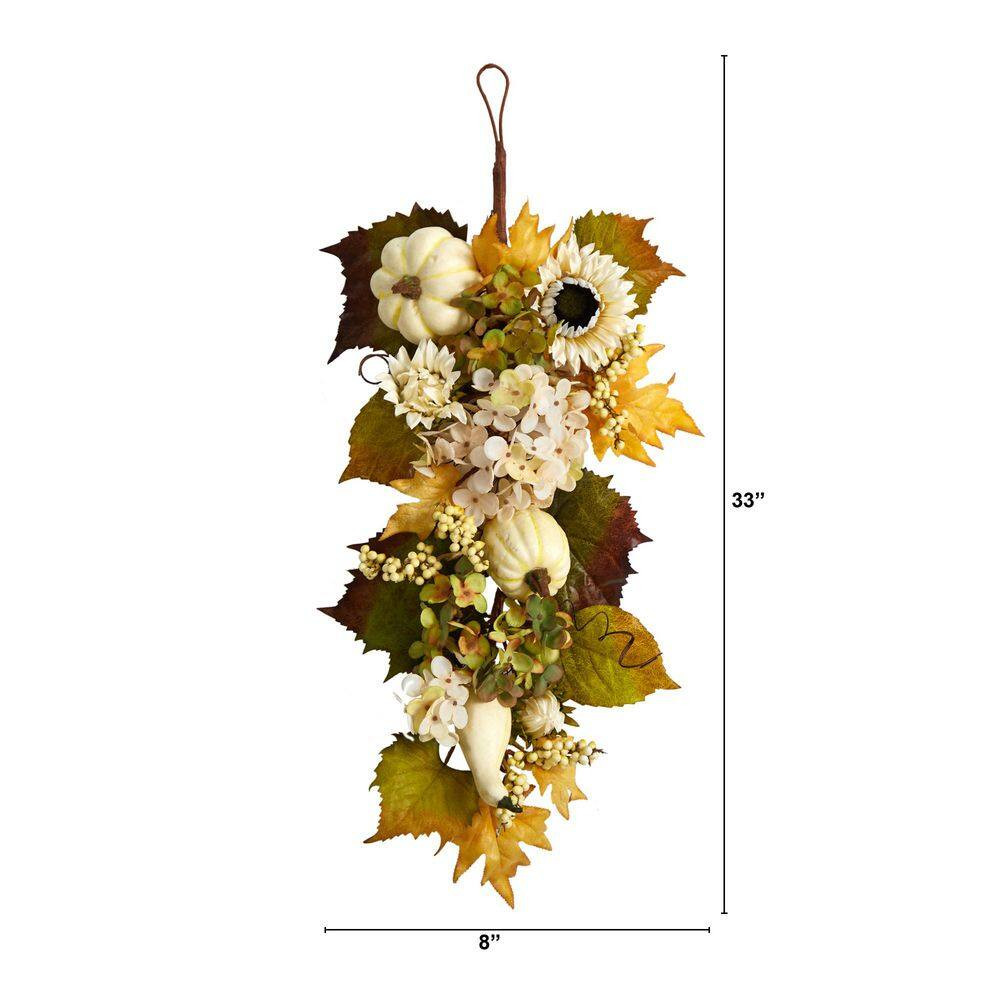 33 In. Green Fall Sunflower, Hydrangea and White Pumpkin Artificial Autumn Teard