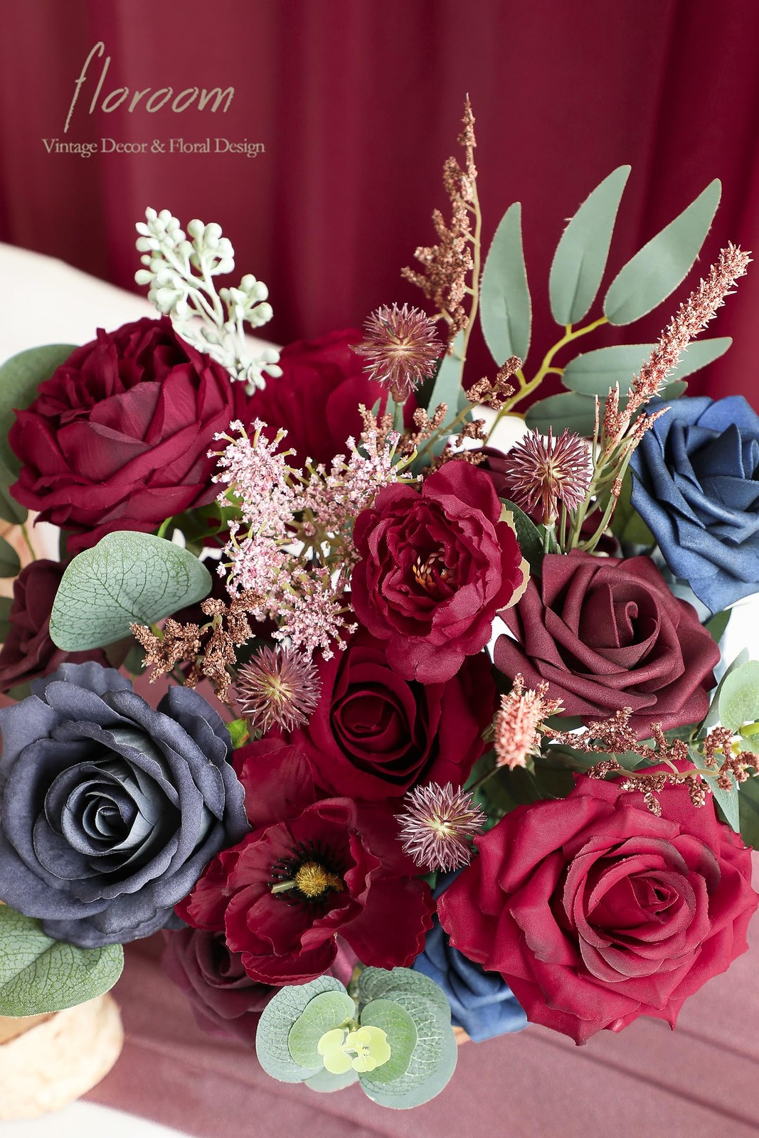 Burgundy, Navy Blue Artificial Flowers, Combo Box, Roses, Peonies, DIY Bouquet