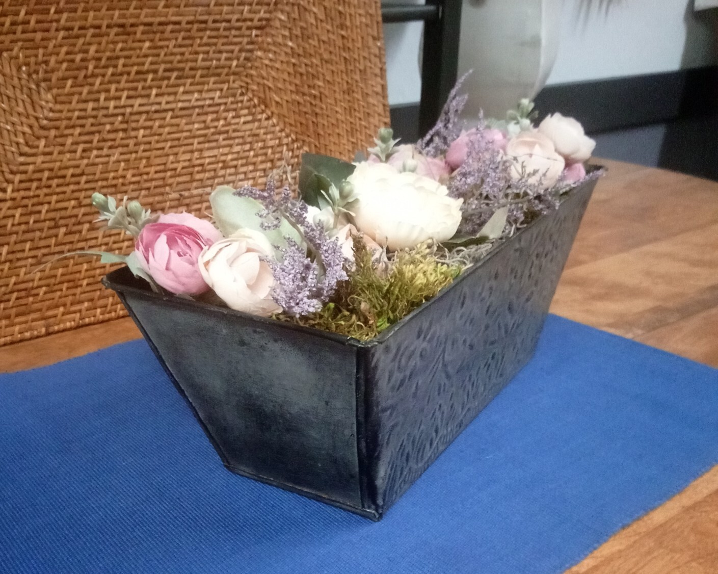 Silk Floral Arrangement Centerpiece In Metal Tin Embossed Container 13 x 5 x 5