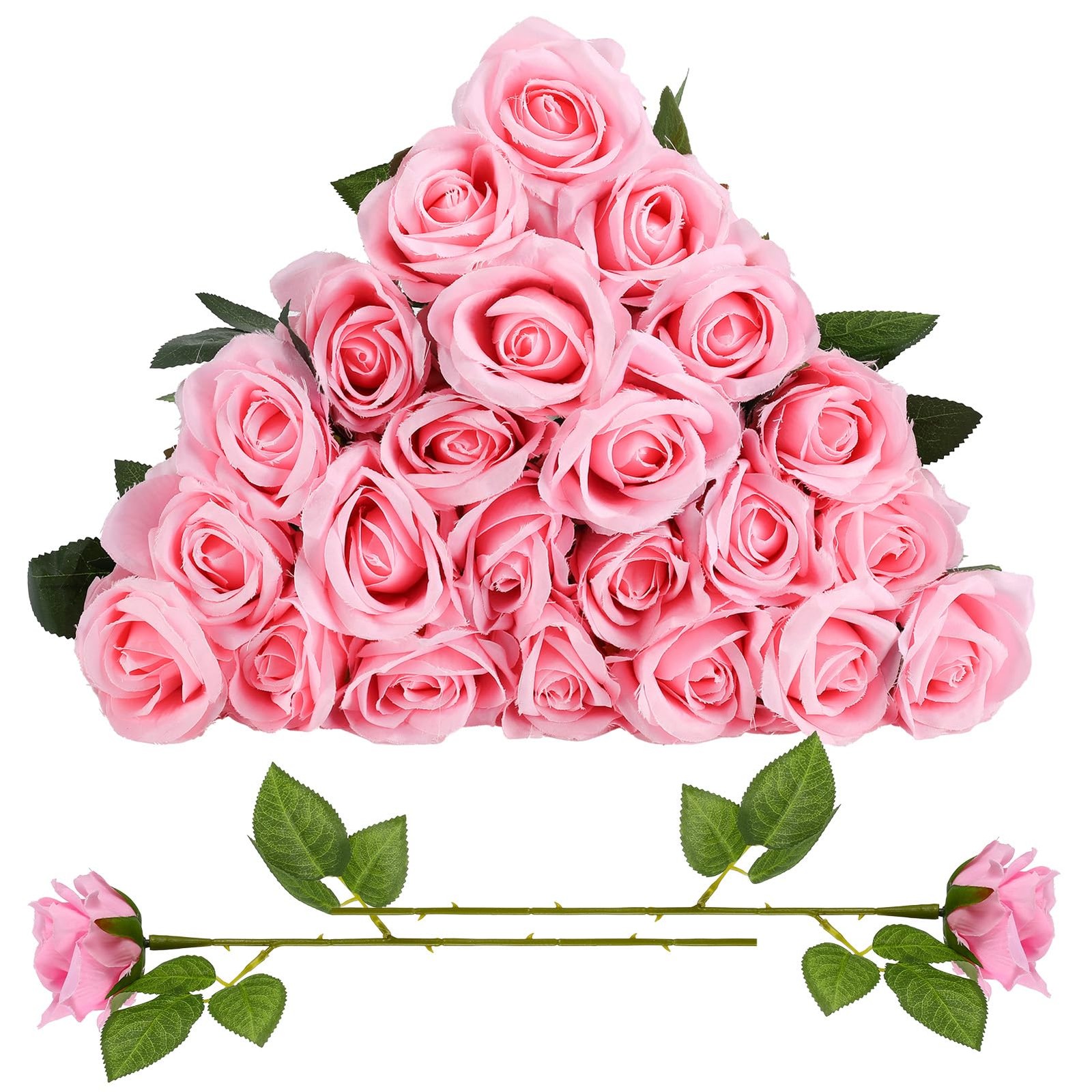 24 Pcs Pink Rose Artificial Flowers with Long Stem Real Touch Silk Plastic Bo…