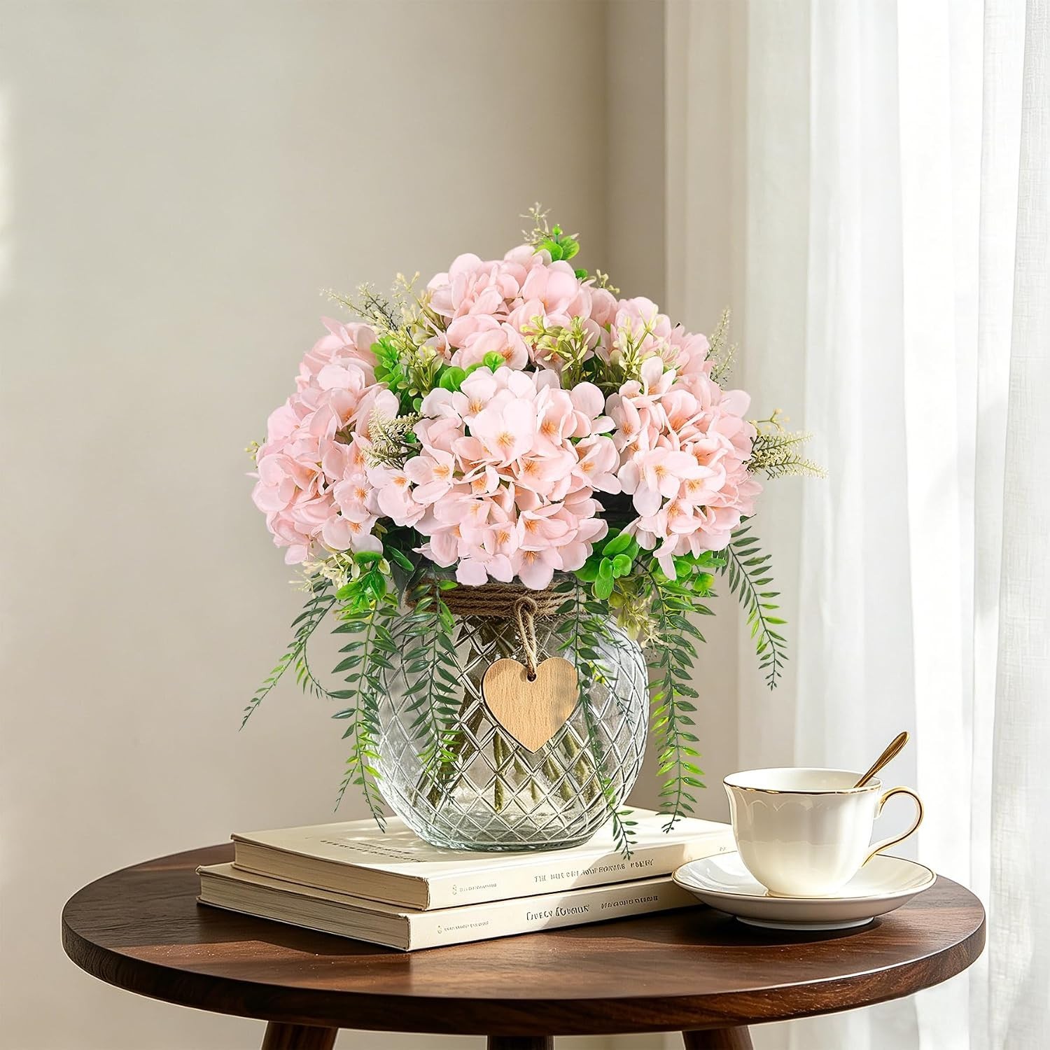 Artificial Hydrangea Flowers Silk Pink Fake Flower with Eucalyptus for Outdoo…