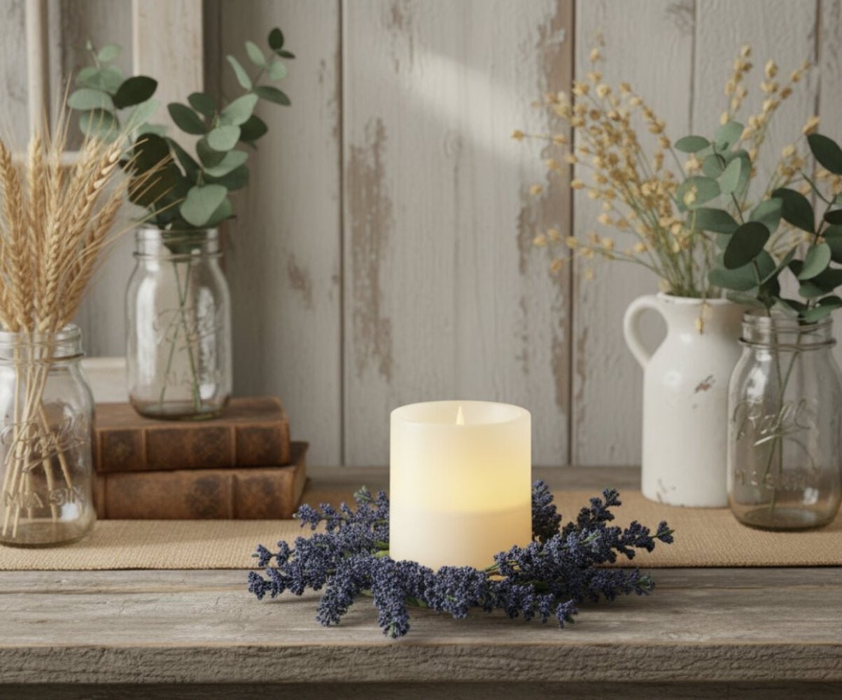 Blue Astilbe Floral Candle Ring – 3″ Farmhouse Spring Mini Wreath