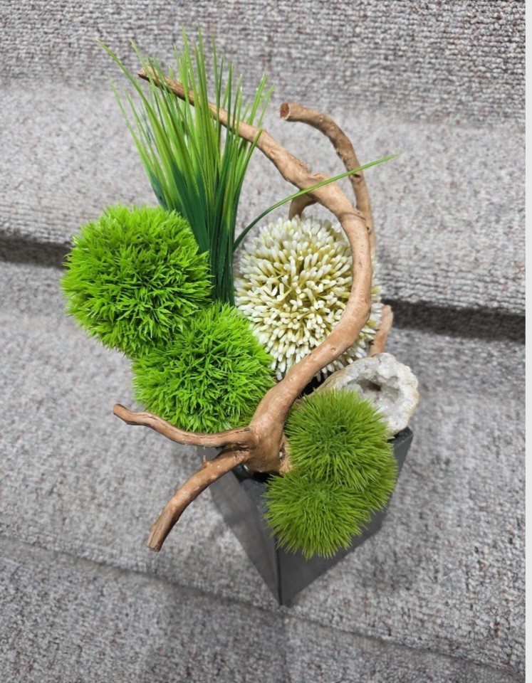Zen Faux Floral Arrangement, Handmade Ikebana in Concrete Vase