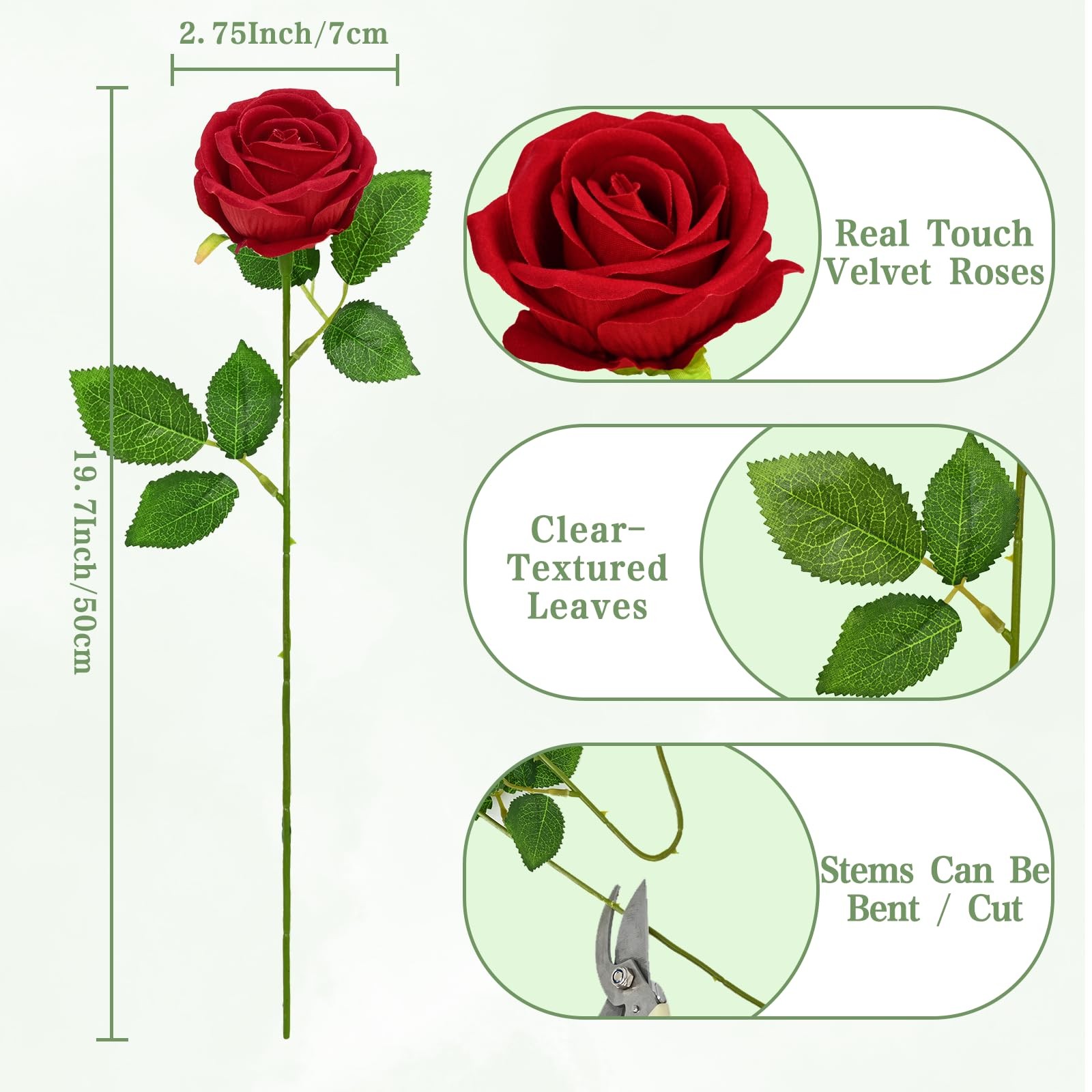Artificial Red Roses Real Touch Velvet Bulk 50 Pcs Wedding Bridal Bouquet Decor