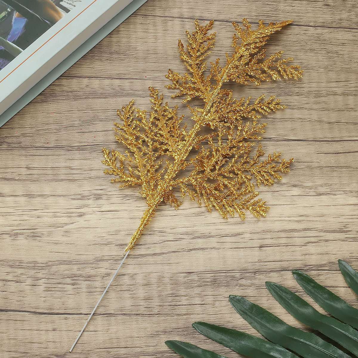 10x Pine Needles Fake Floral Christmas Glitter Fern Leaf Branch Decor Artificial