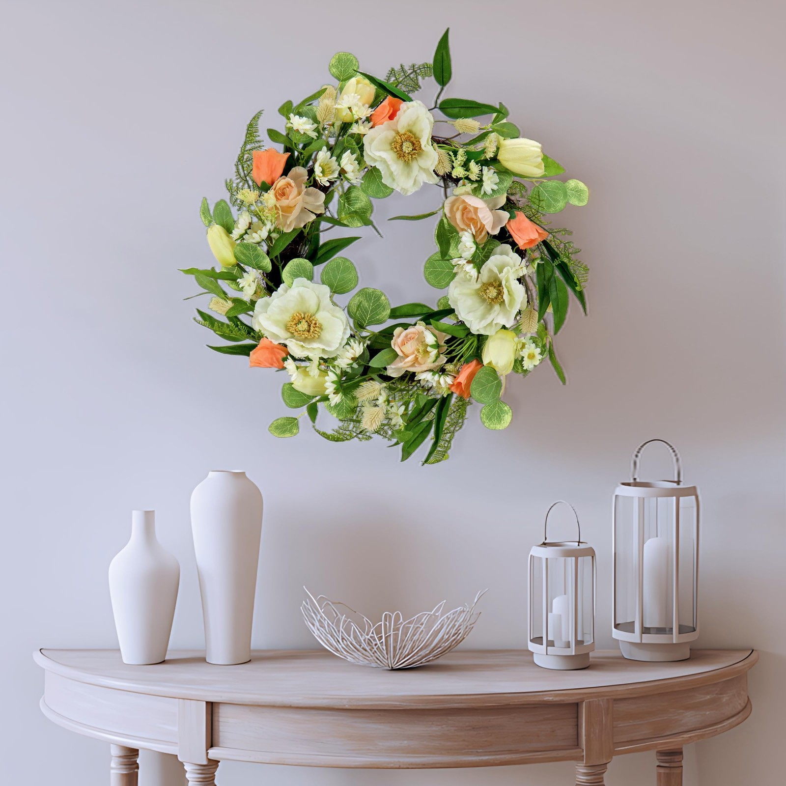 22″ Artificial Spring Wreath with Tulip, Poppy & Buttercup – Realistic Floral De