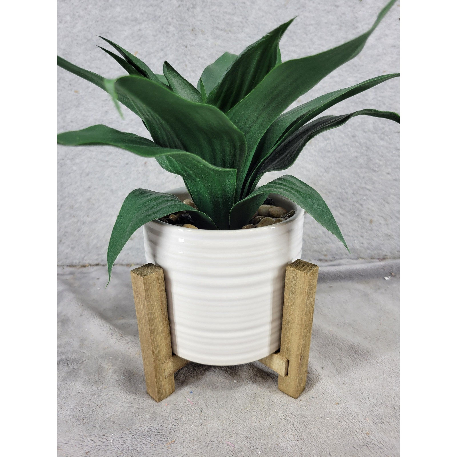 Artificial Snake Plant in White Ceramic Pot with Wood Stand Faux Green Leaves
