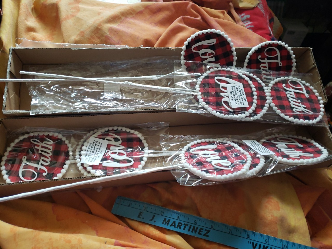 Faith Hope Love Floral Picks Black & Red Plaid, Valerie Parr Hill, Set Of Four