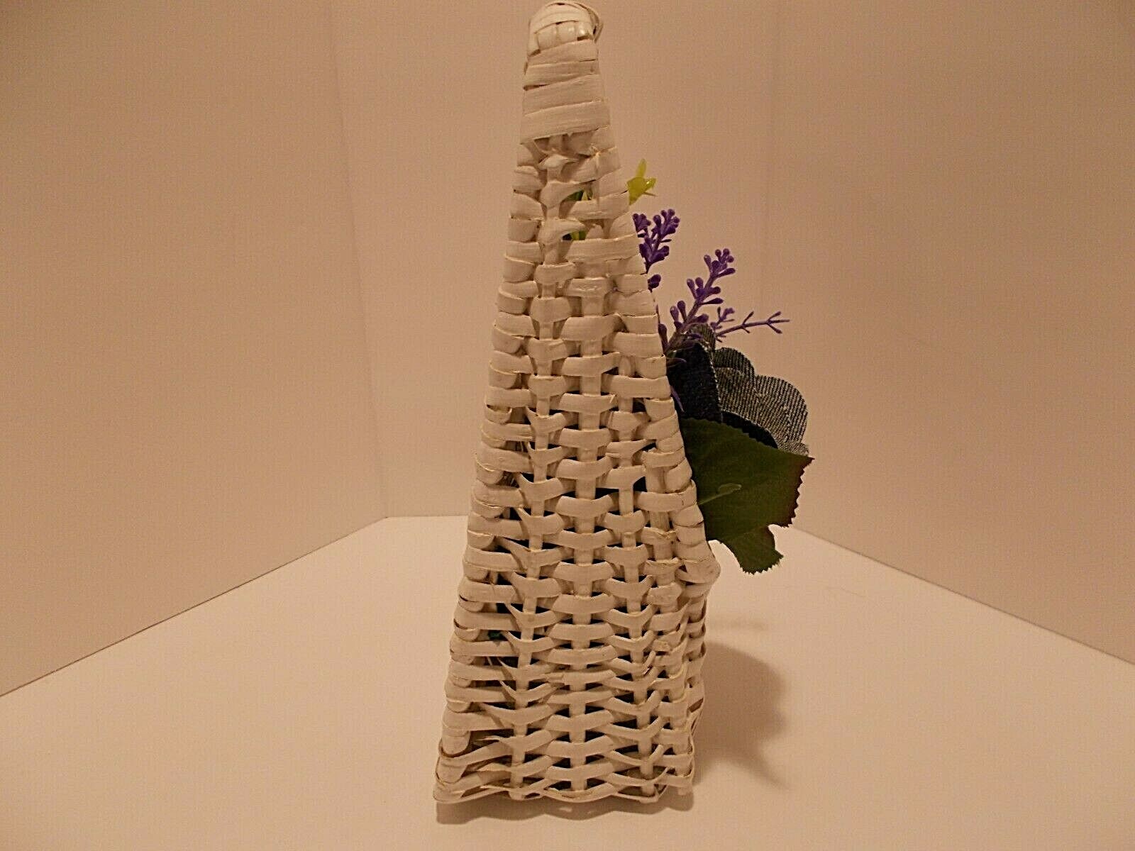 White Wicker Pocket Basket w Denim Roses Denim Zipper Flower w Faux Lavender