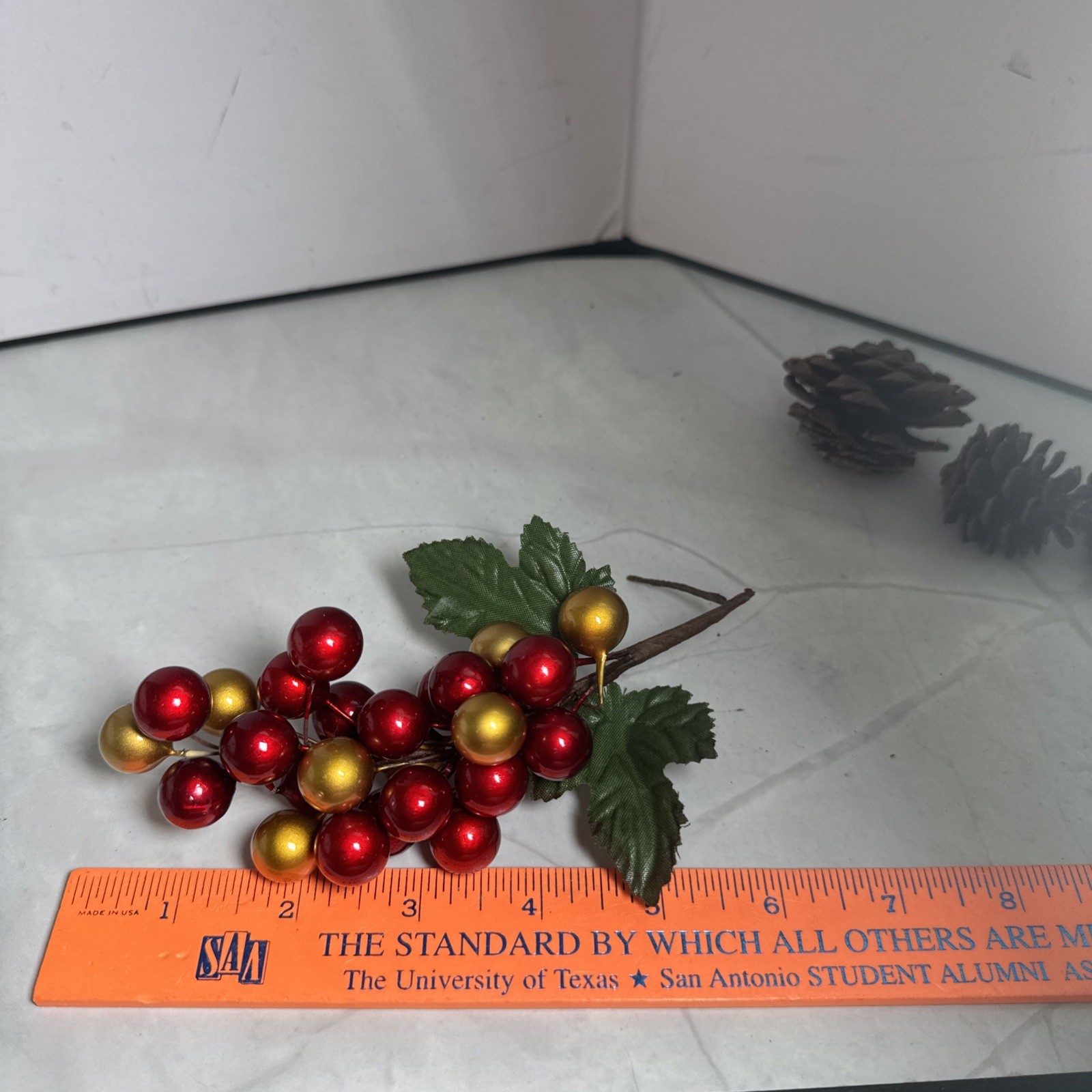 Red And Gold Holly Berry Stem and 4 Pine Cones Individual.