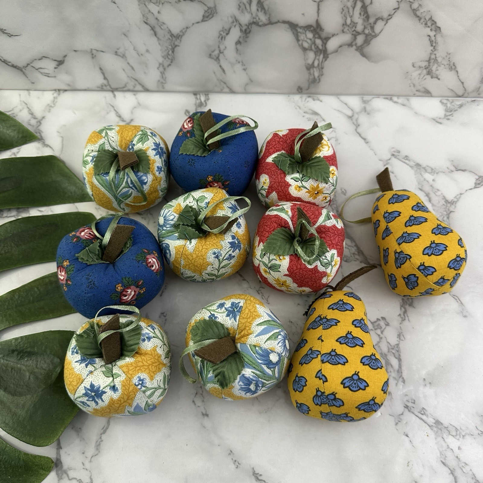 Vintage 90s Fabric Fruit Vase Filler Bowl Decor Blue Yellow Cottage Apple Pears