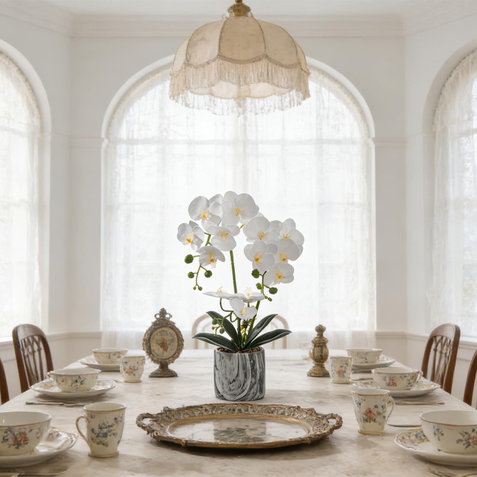 White 16.5 Inch Faux Silk Artificial Orchids Flowers Phalaenopsis Pot Decor