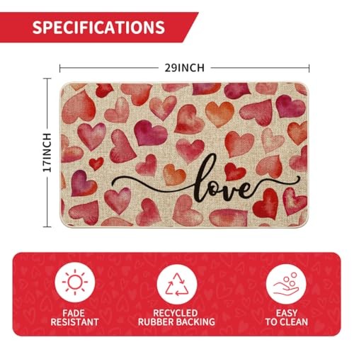Heart Love Valentine’s Day Doormat, Anniversary Wedding Home 17″ x 29″ Beige
