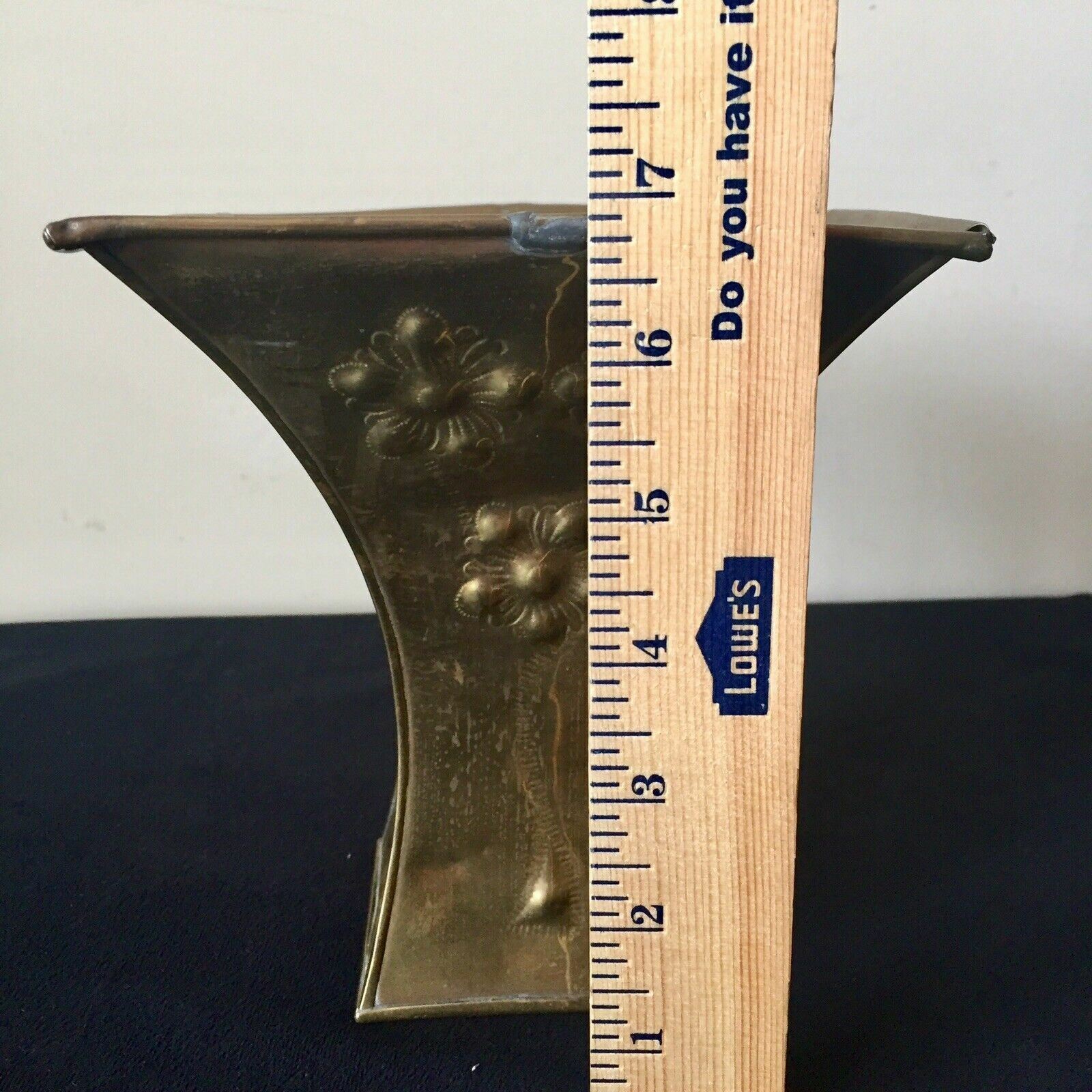 Vintage Planter Container Embossed Flowers on Brass 7″High 6″Square Opening
