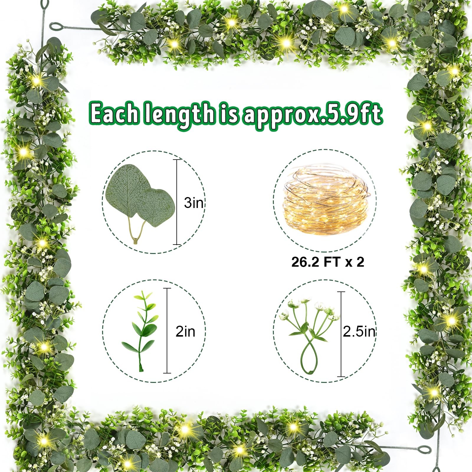 4Pcs Eucalyptus Garland with Lights, Greenery Garland, Green Garland with Flo…