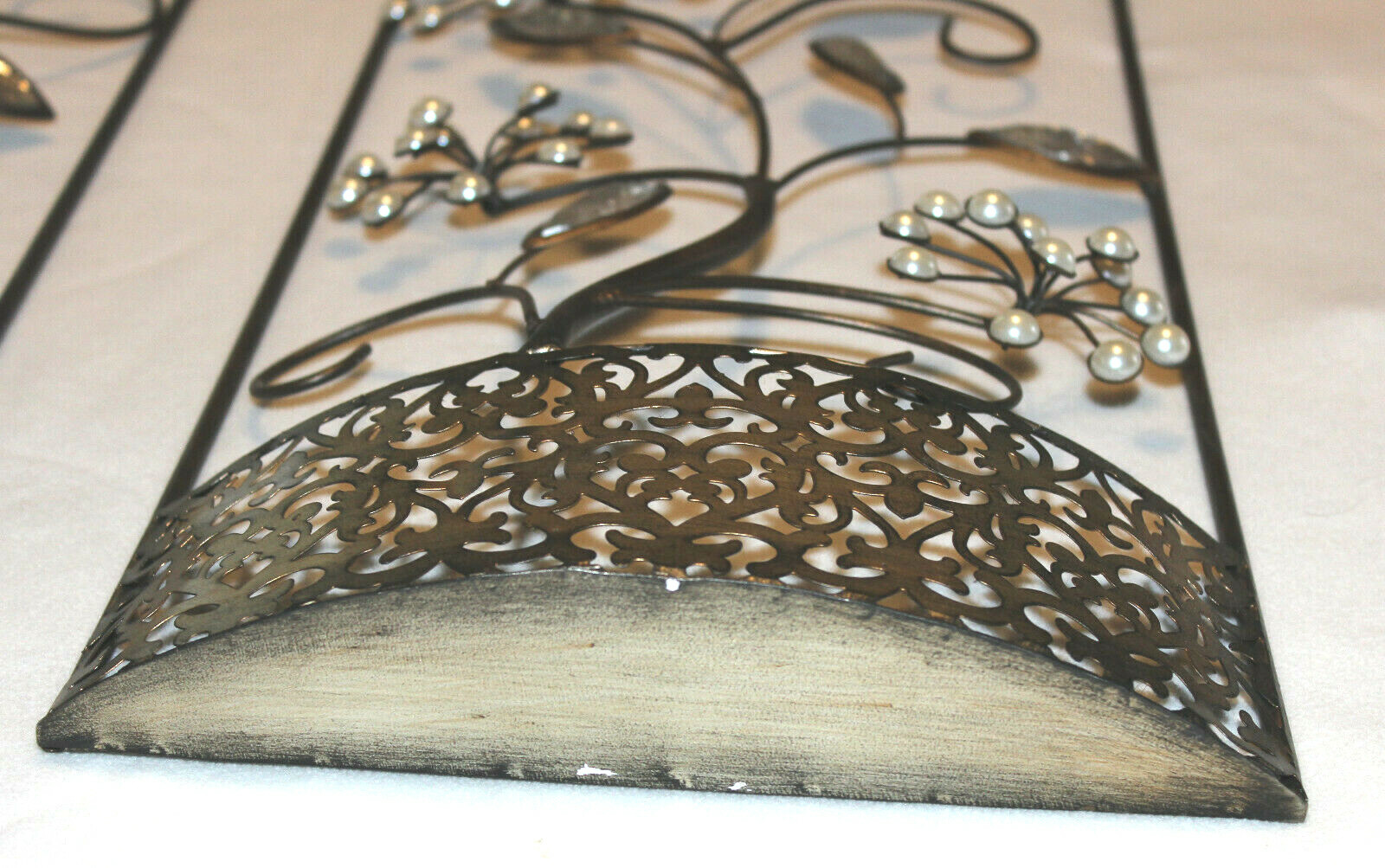 PAIR 24” x 10” x 2” DEEP 3D SILVER BRUSHED METAL FILIGREED FLORAL WALL ART DECOR