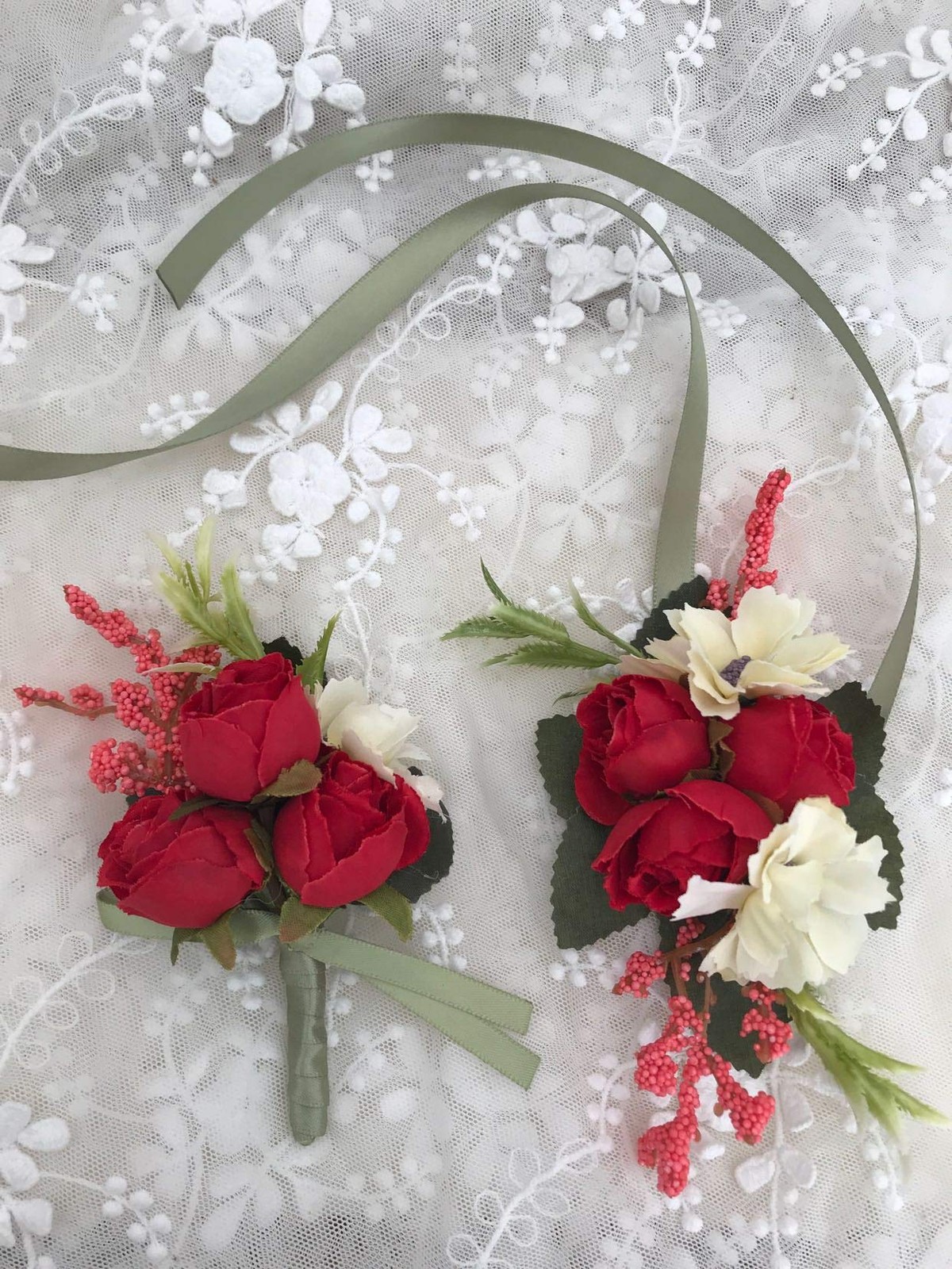 Rose Wedding Wrist Corsage and Boutonniere Set Red Hand Ribbon Suit Decor