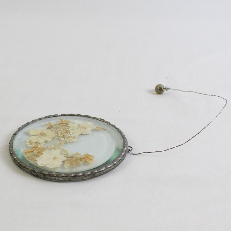 Vintage Unbranded Pressed Dried Flowers in Hanging Glass Silver Medallion Frame