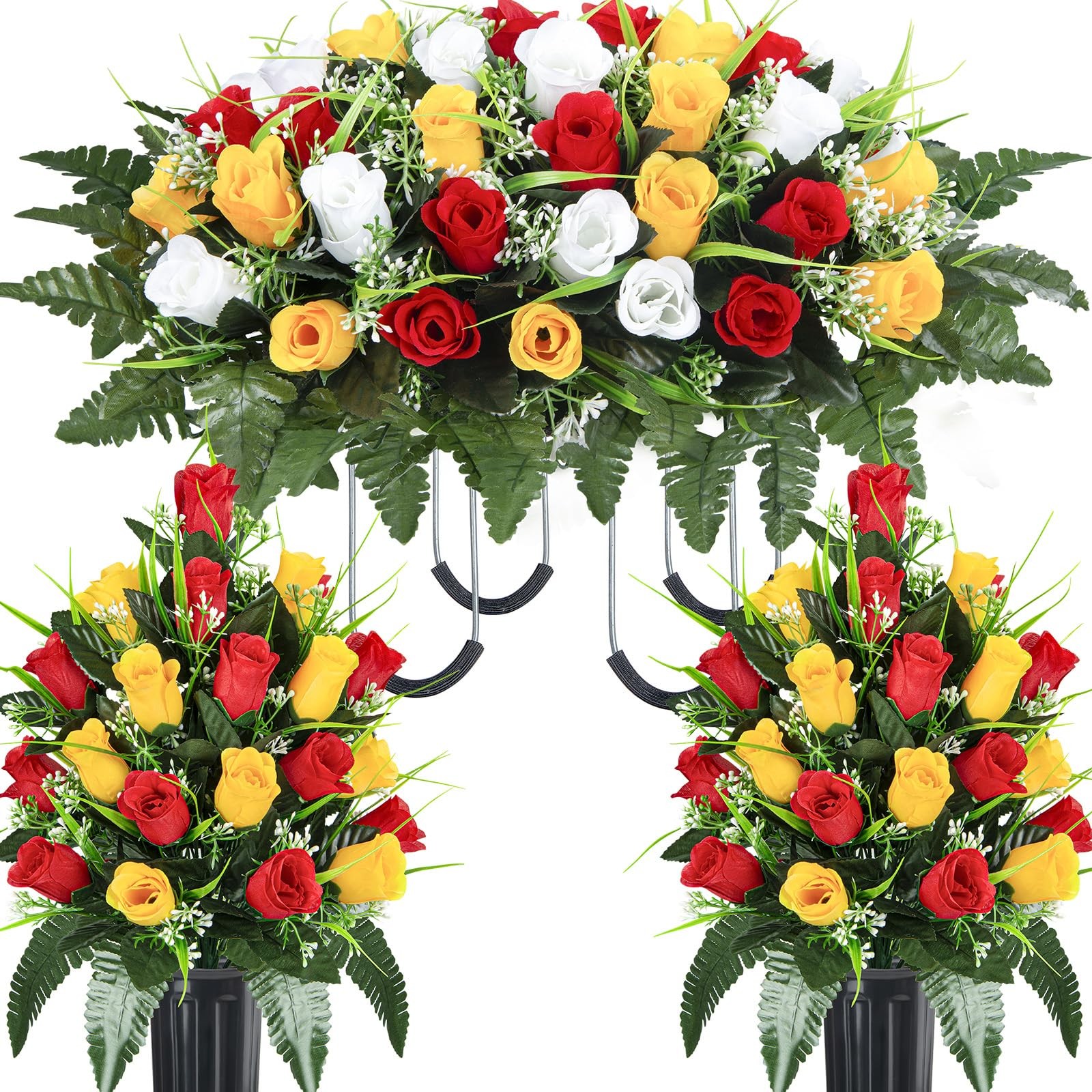 Artificial Cemetery Flowers Saddle, 2 Sets Grave Flowers Rose with Vase, Memo…