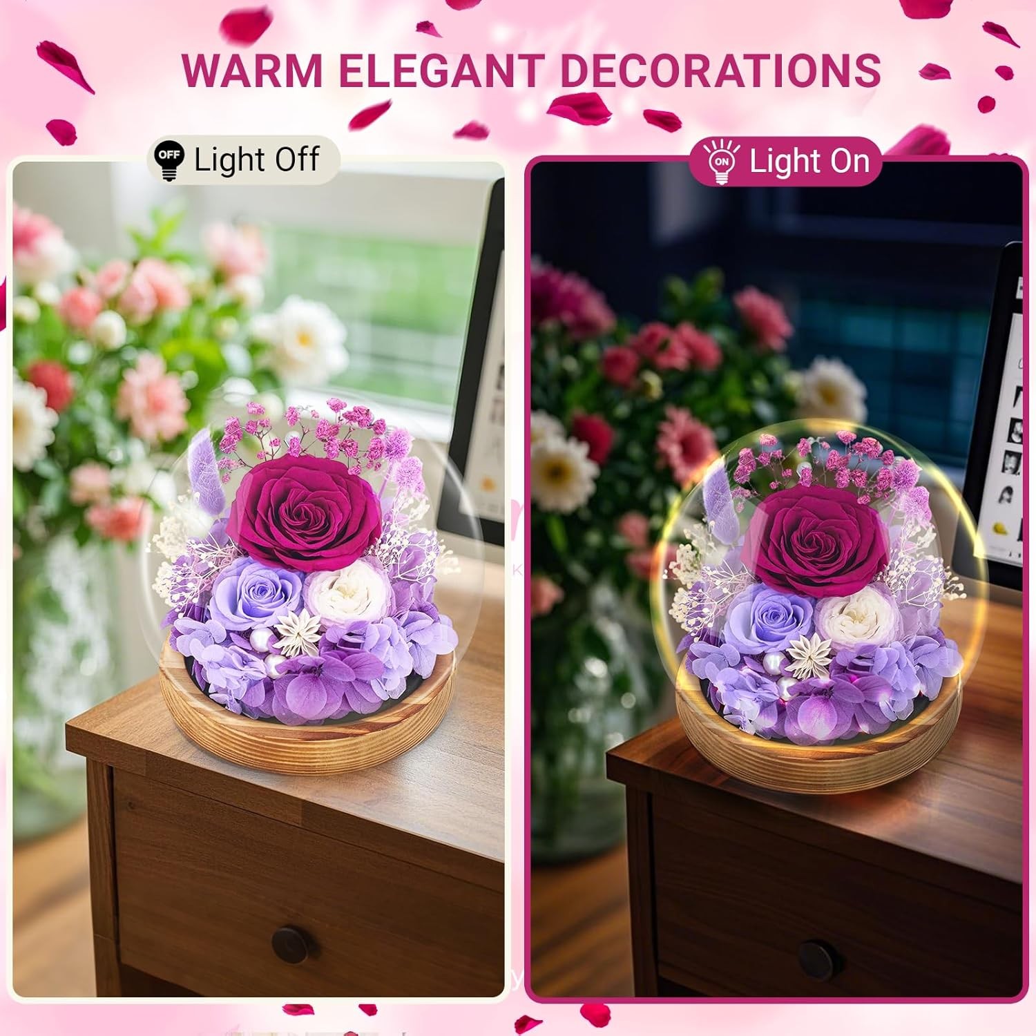 Preserved Flowers Roses in Glass Dome, Forever Flowers for Delivery Prime, Etern