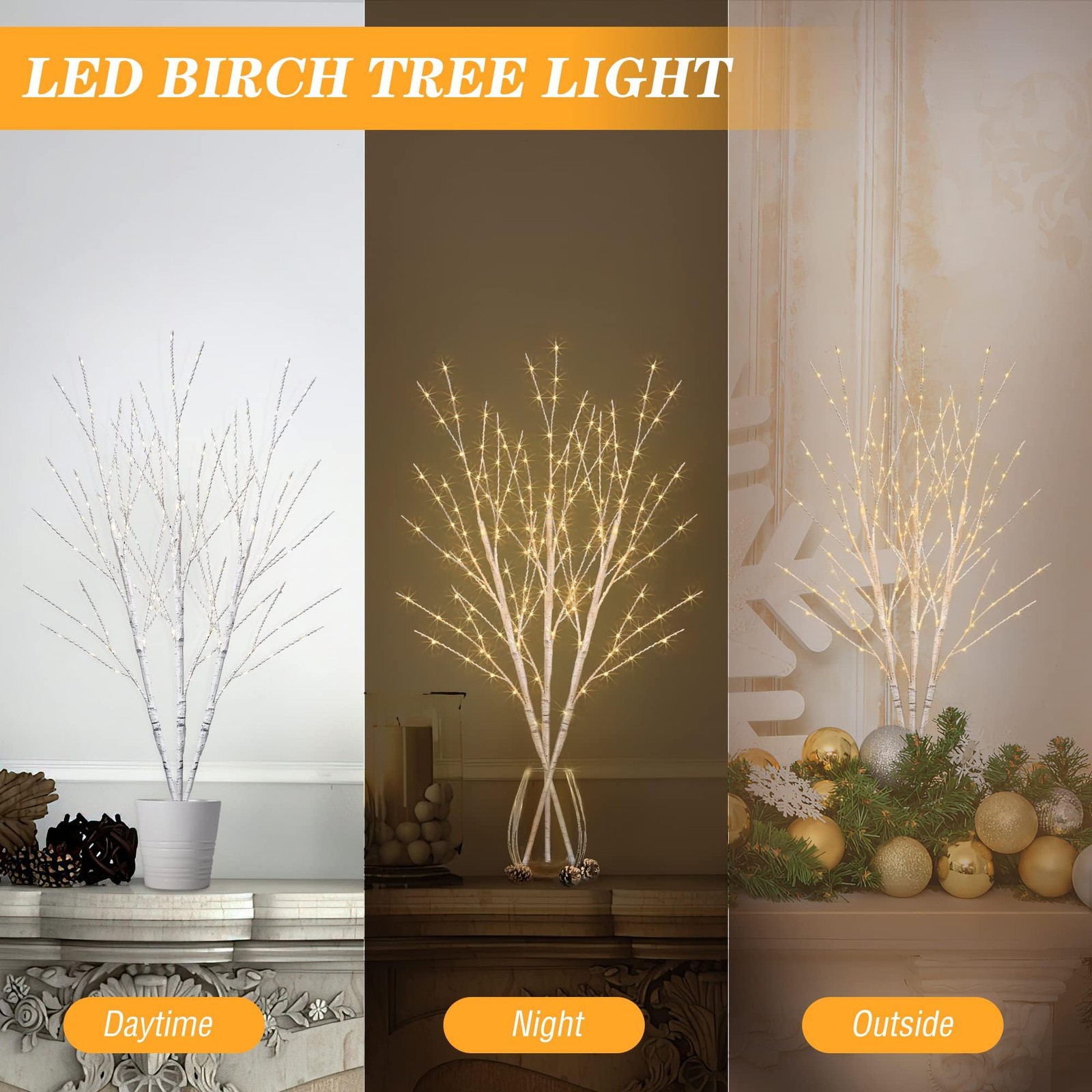 Lighted Birch Christmas Tree White Branches for Vase 33IN 180LED with Timer