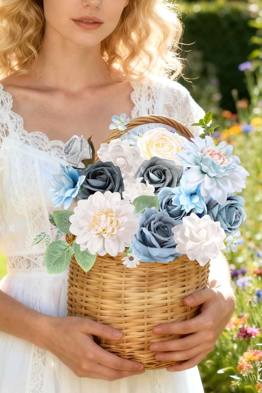 Blue Artificial Flower Combo Box Set Silk Fake Rose For DIY Wedding Bouquet