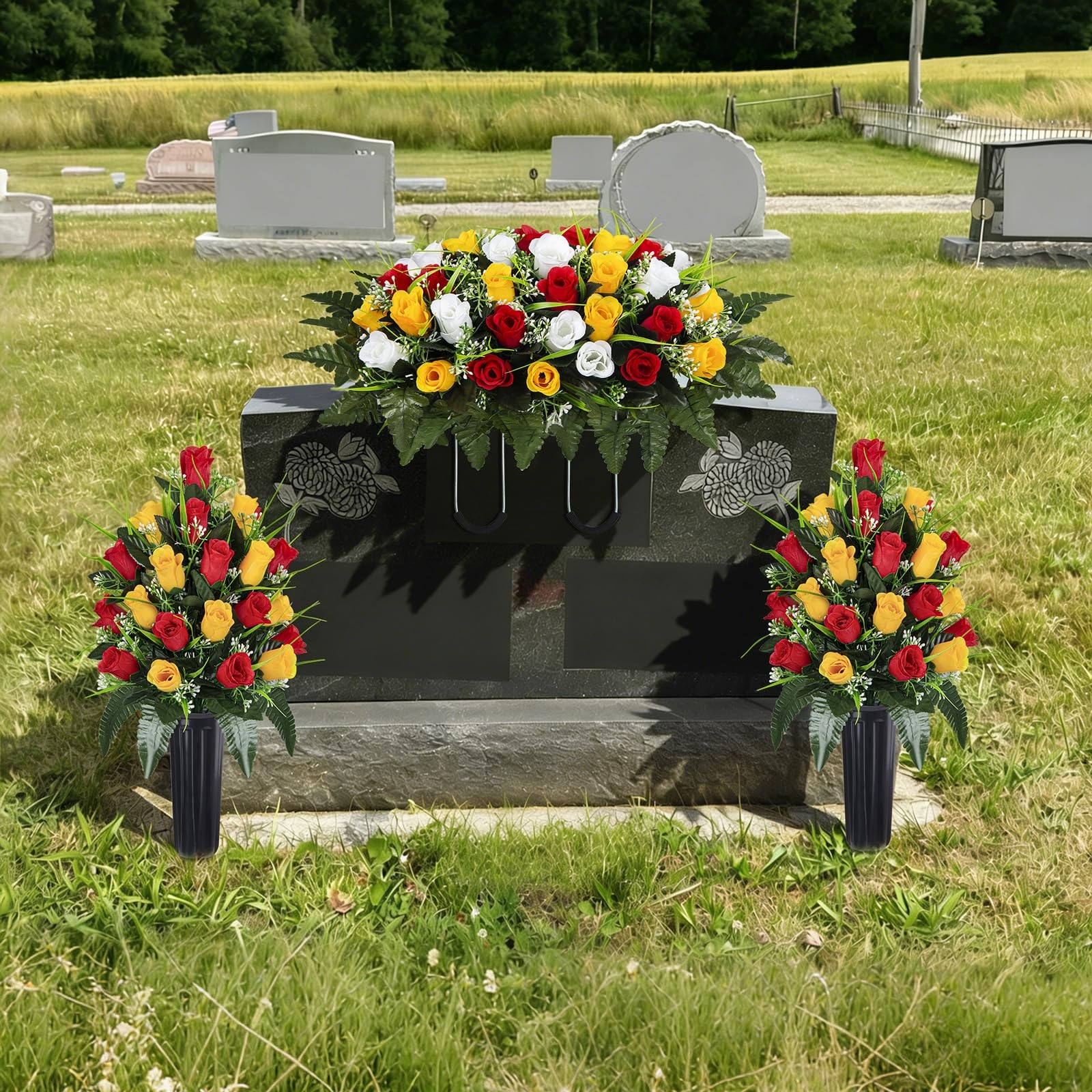 Artificial Cemetery Flowers Saddle, 2 Sets Grave Flowers Rose with Vase, Memo…