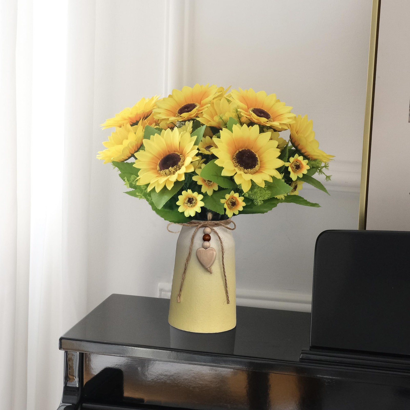 Artificial Sunflower Arrangement in Ceramic Vase – Fake Silk Sunflowers Table…