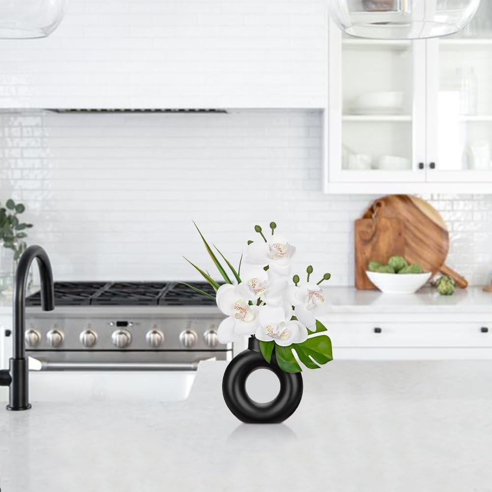 2 PCS White Artificial Orchid Silk Flowers In Black Pot Home Table Centerpiece