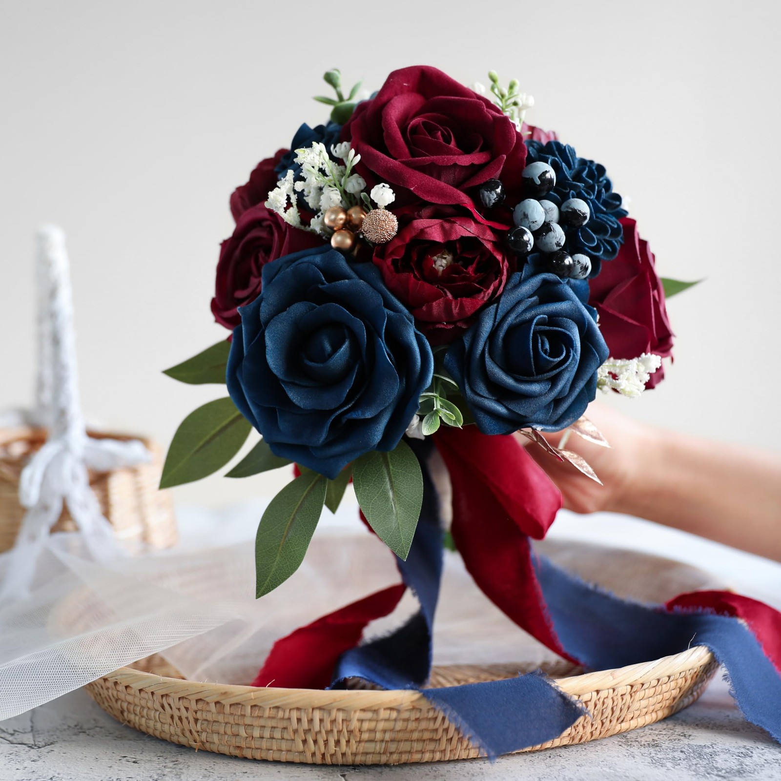 Navy Blue Burgundy Wedding Bouquets Bride Bridesmaid Artificial Roses