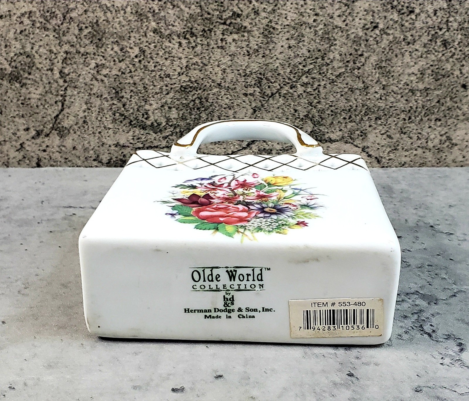 Herman Dodge Ceramic Purse Vase 4.75″ w Faux Flowers Old World Collection