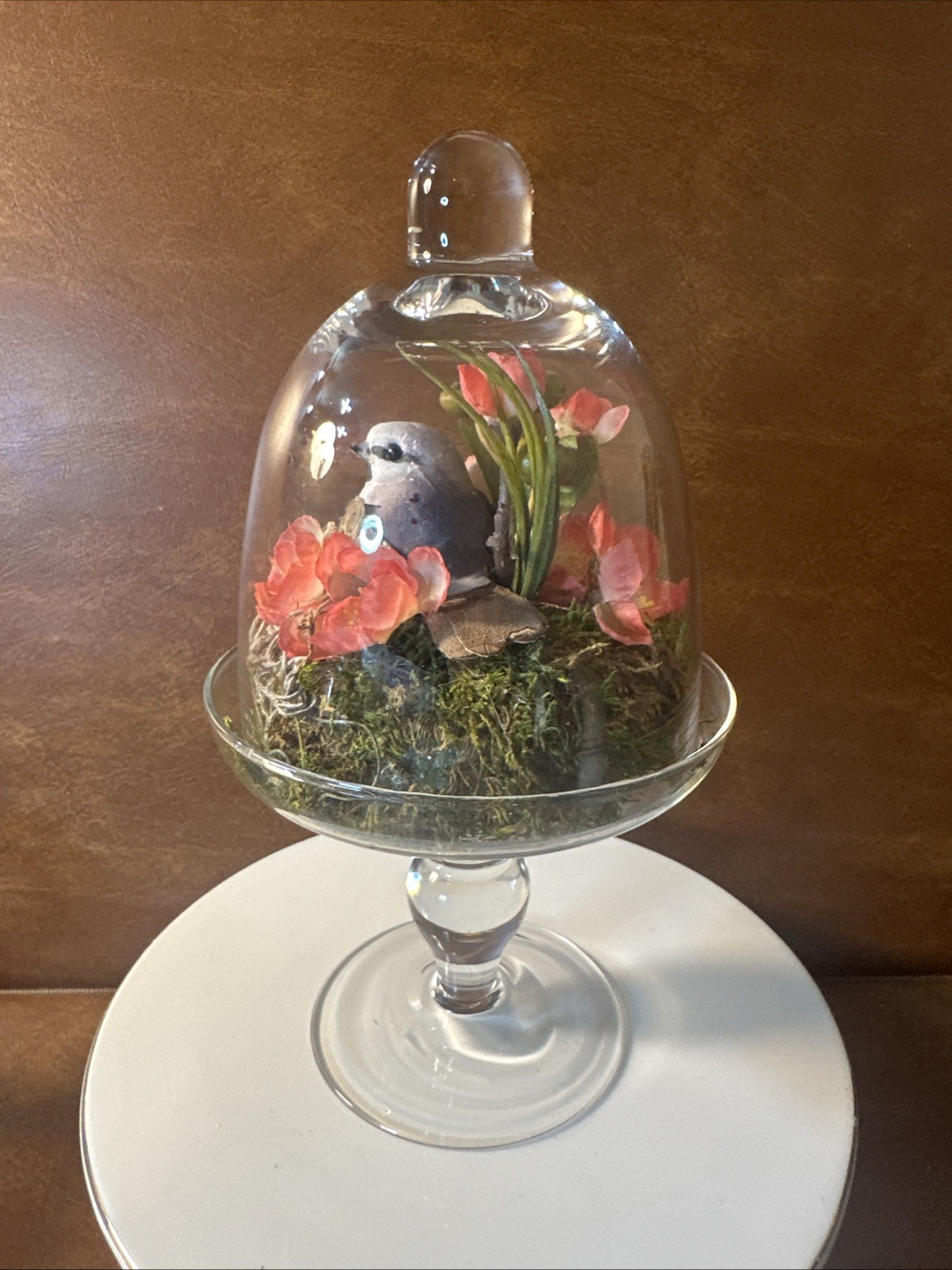 Artificial Vintage Floral Arrangement Glass Dome with Bird Nest, Pink 9”tall b