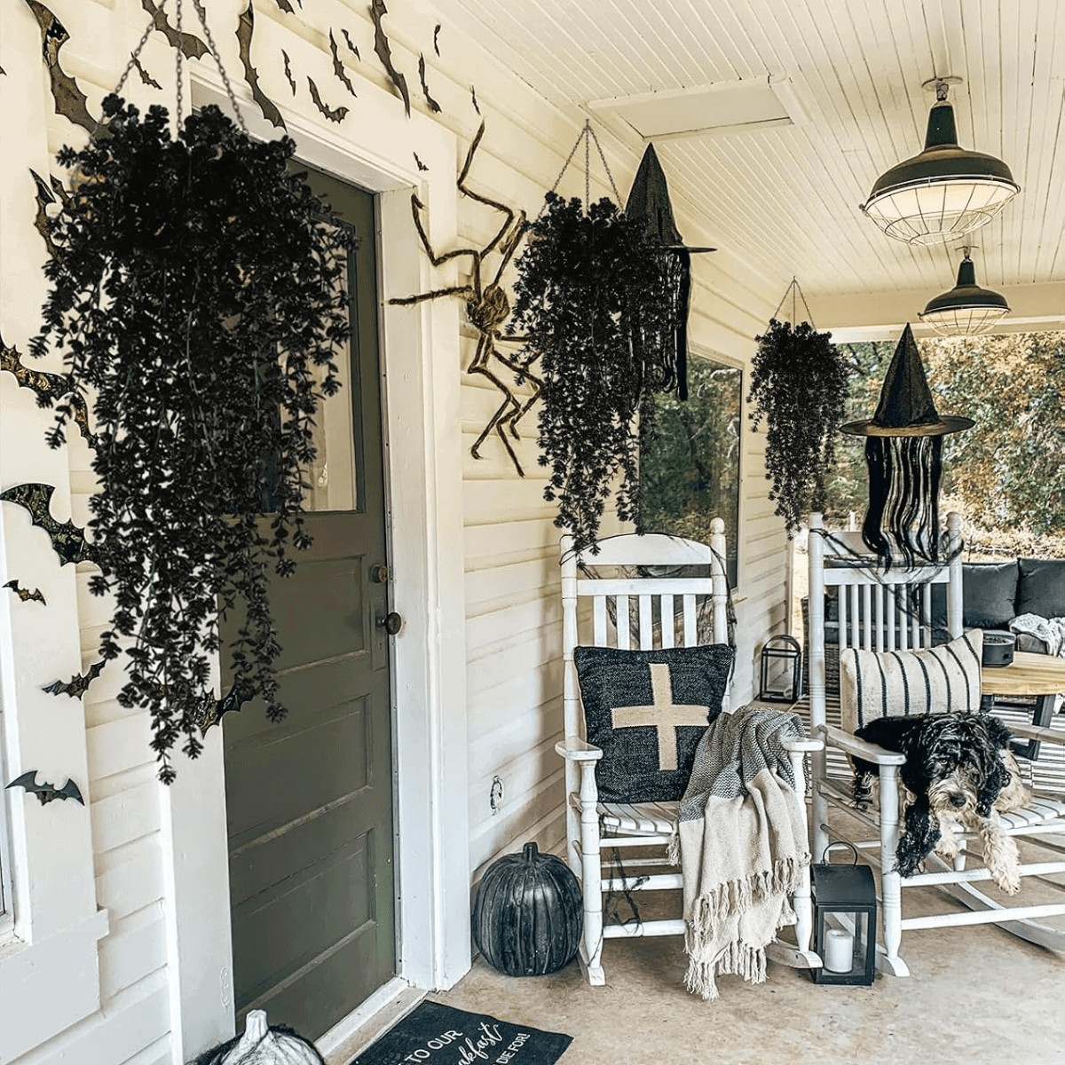 4Pcs Black Hanging Flowers Artificial Plants for Halloween Garden Gothic Decor