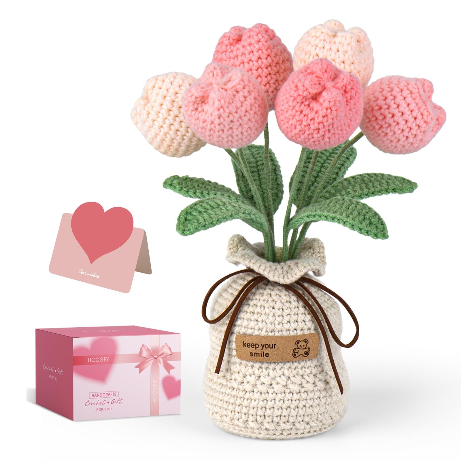 Pink Crochet Flowers Bouquet Knitted Tulips Potted Plant Gift Box And Card