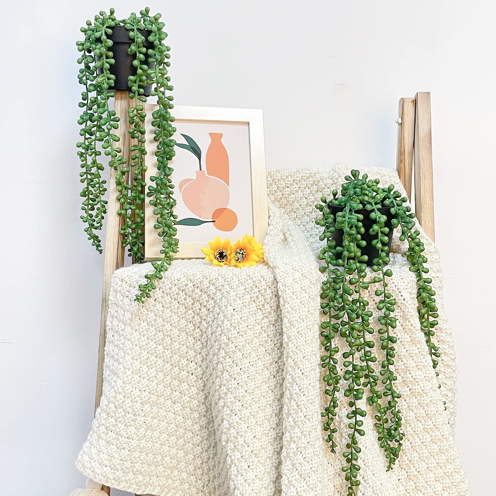 2 PCS Artificial String Of Pearls Hanging Plants In Black Pots Shelf Decor