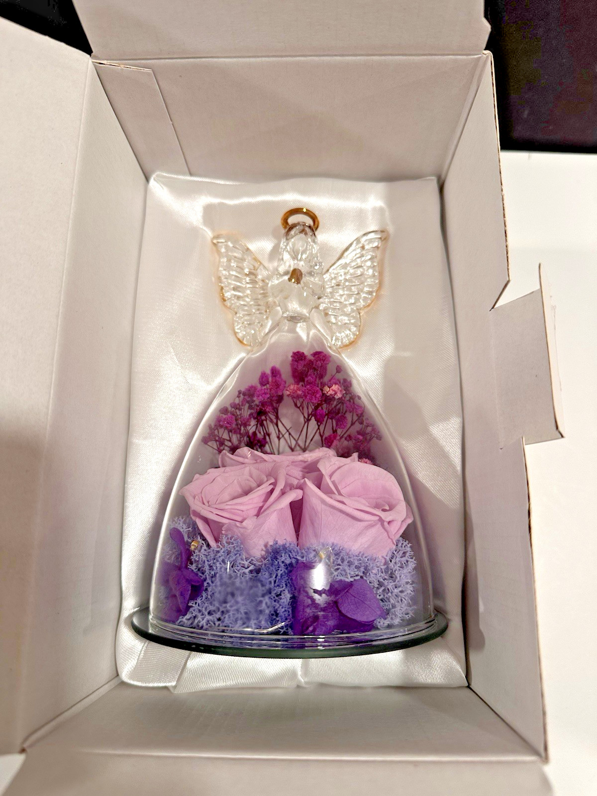 Angel Rose Eternal Love Preserved Roses in Glass Angel Lights Up~New in Gift Box