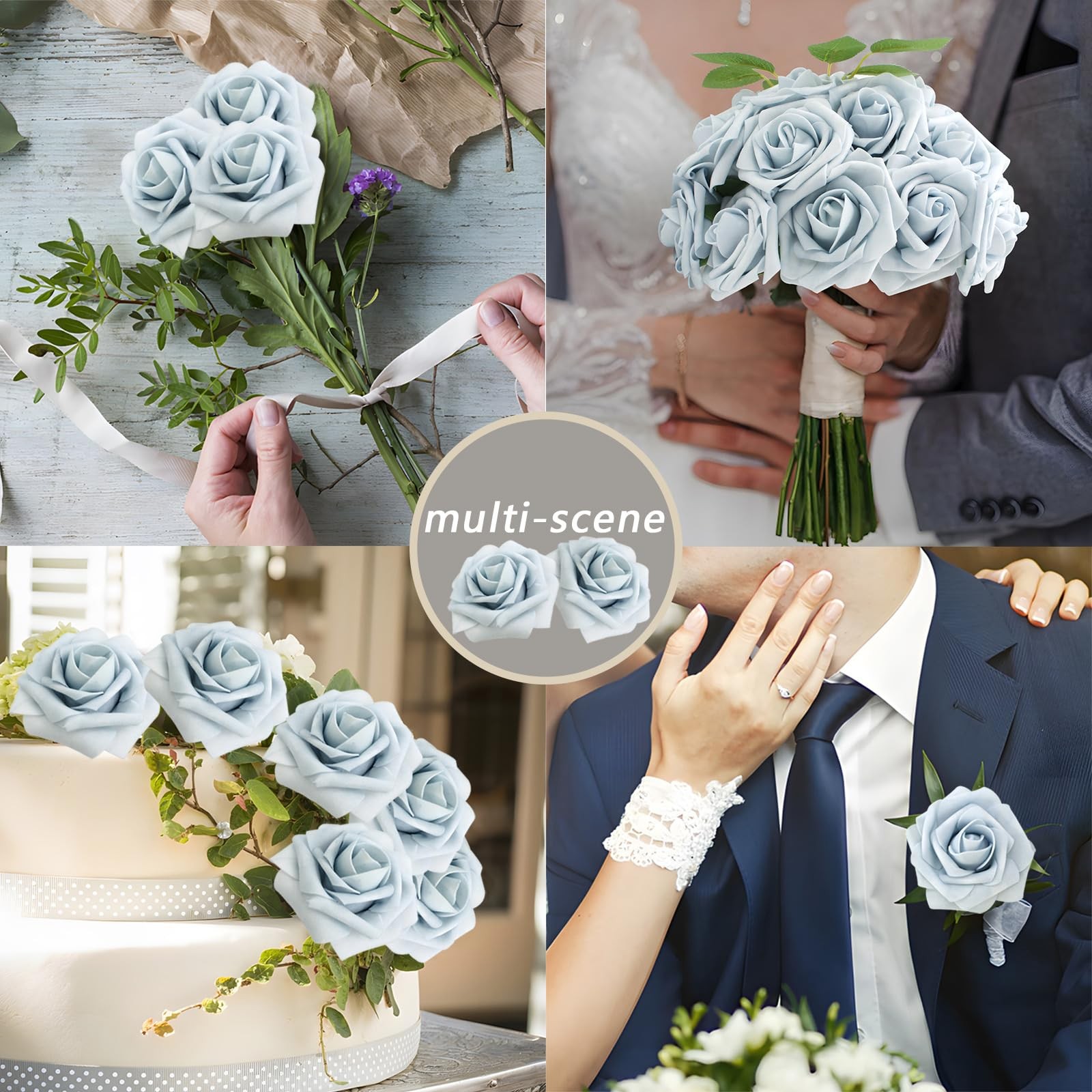 200PCS Blue Realistic Roses – Artificial Latex Foam Flowers with Bendable Ste…