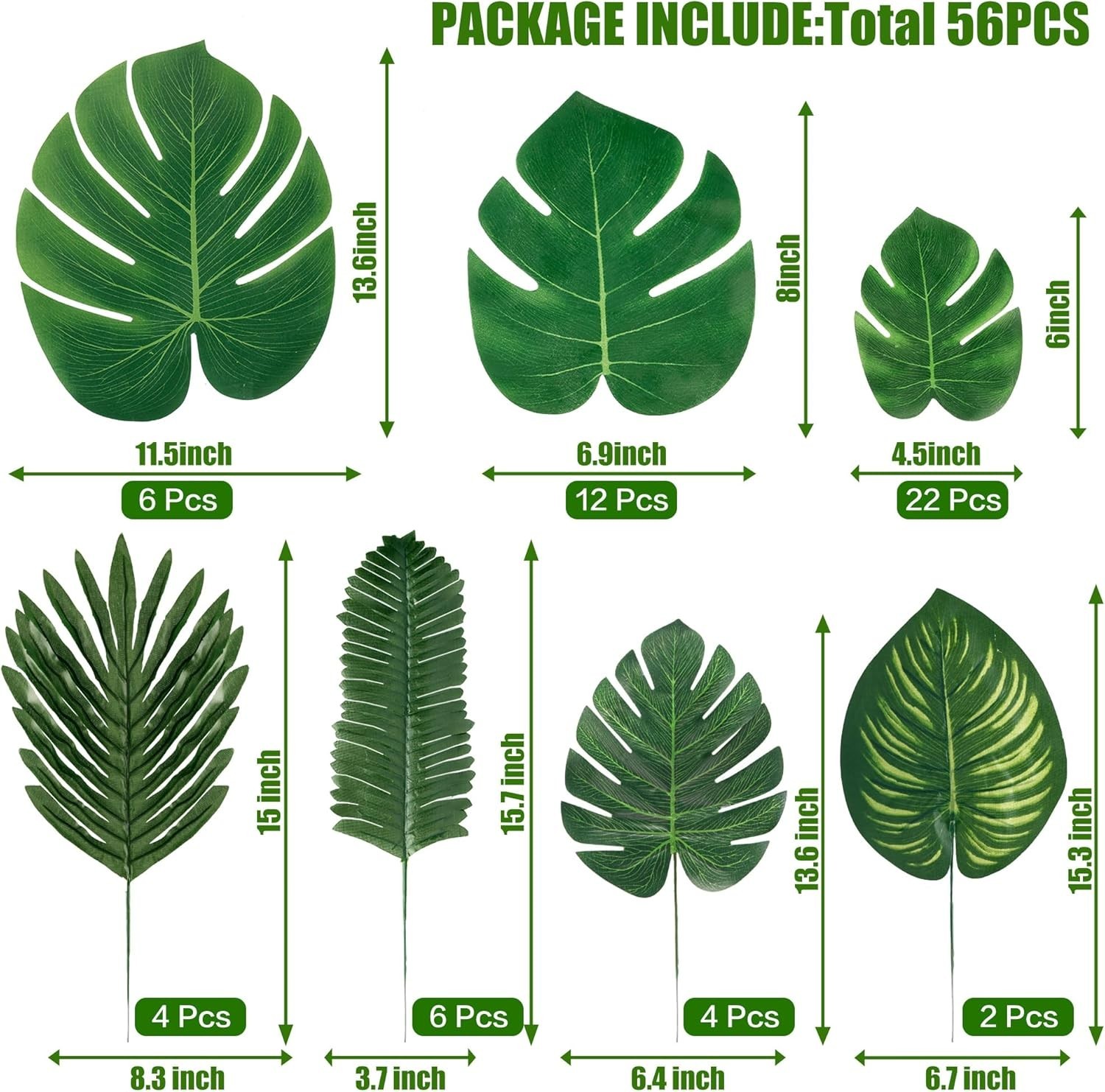 Tropical Palm Leaves Artificial 56pcs Assorted Monstera Jungle Party Table Decor