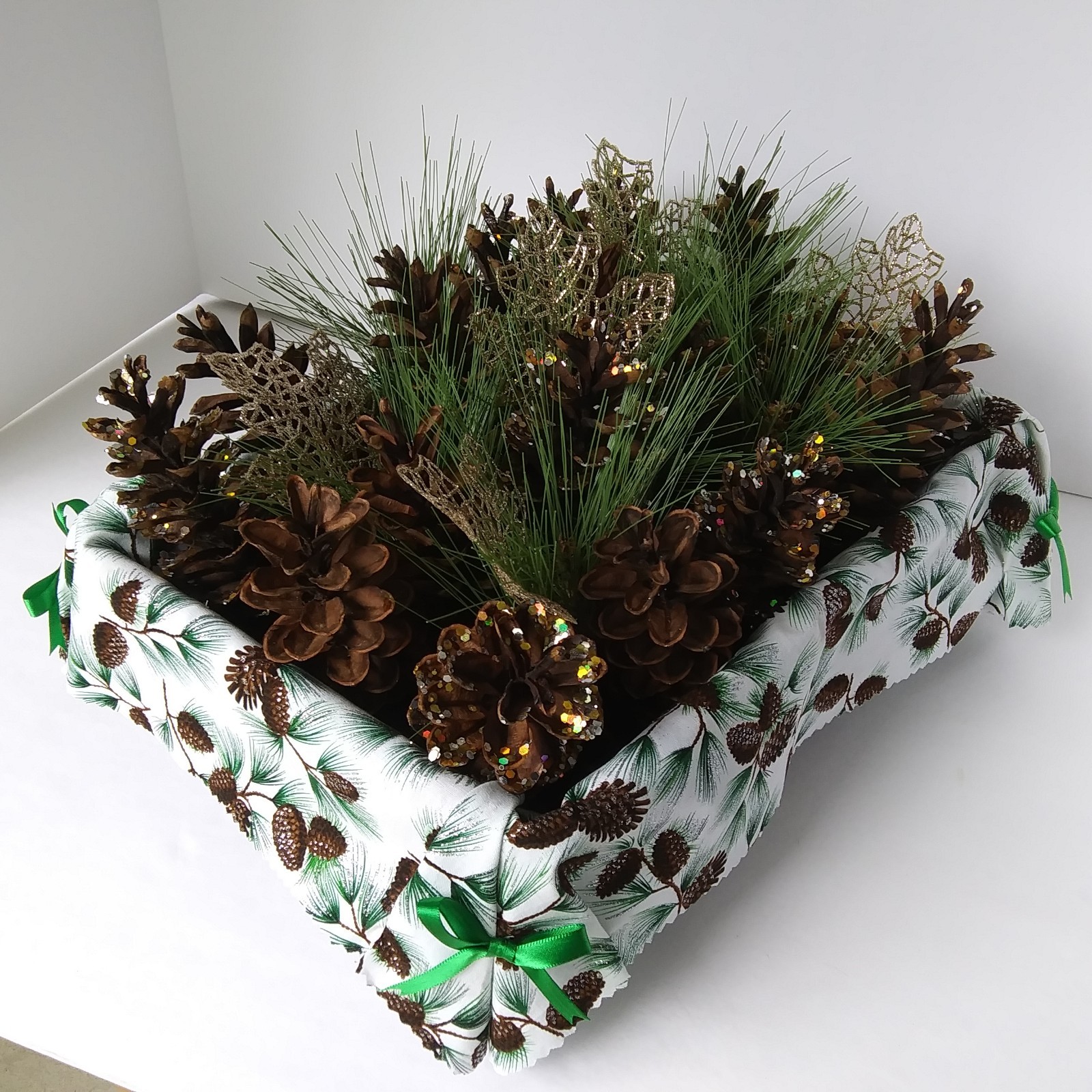 Pinecone & Evergreen Centerpiece Basket Holiday Decor Table Arrangement
