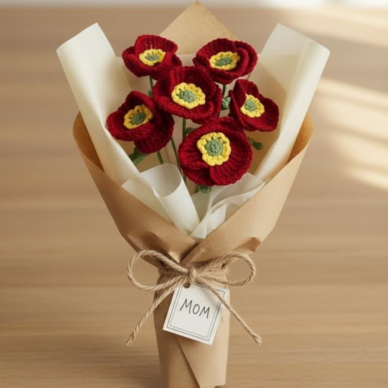 Poppies Flowers Artificial 6 Pieces,14.5in Fake Poppy Crochet Flower,Knitted …
