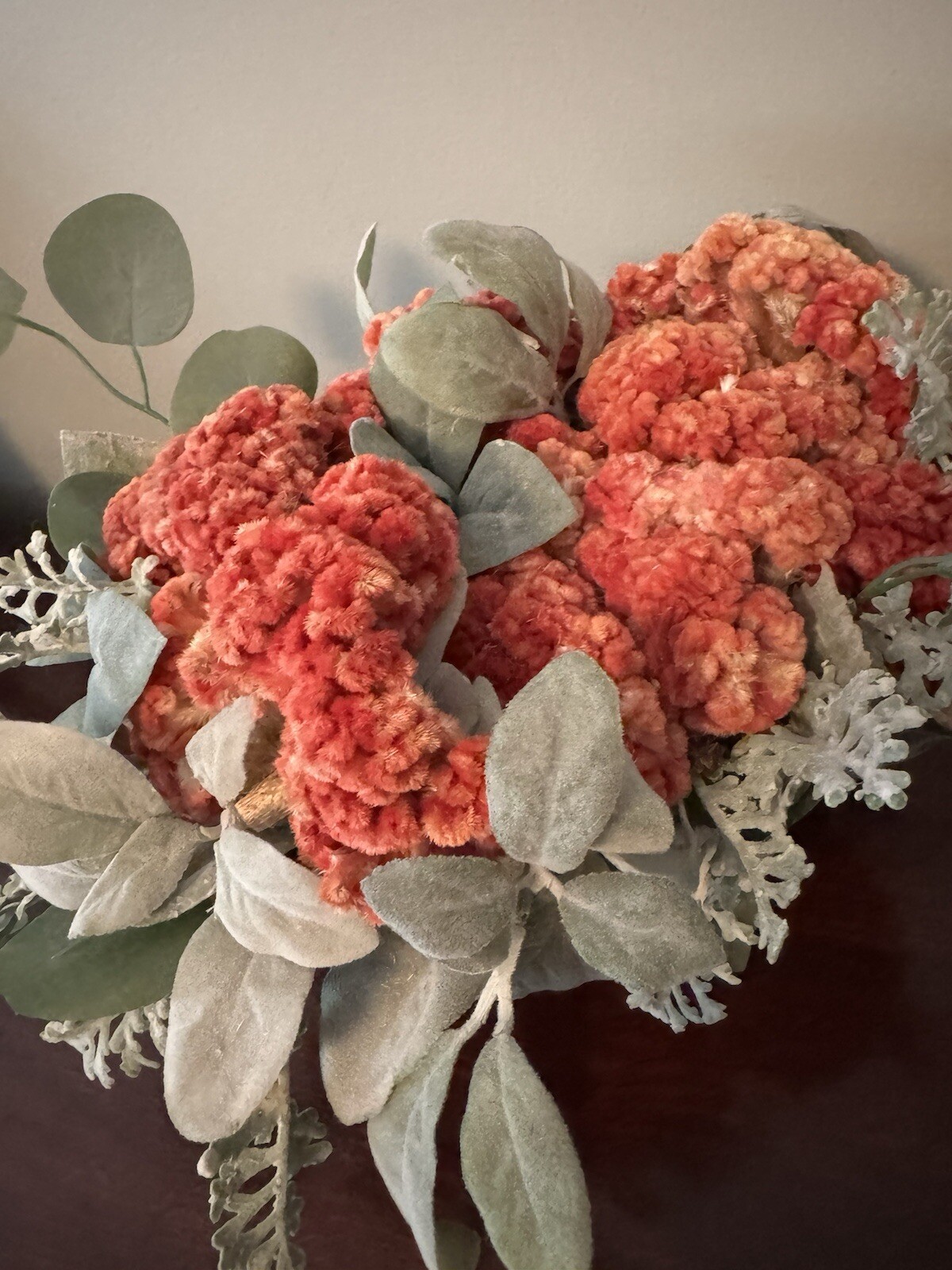 Orange Dried Floral Centerpiece Decor & Faux Green Leaves Metal Base Wooden Box