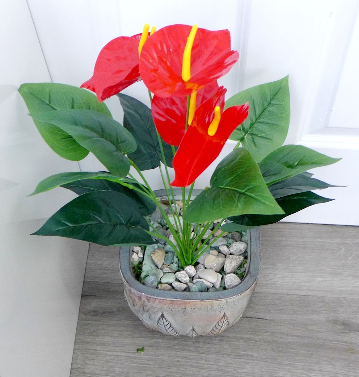 20″ Height (5 Red flowers) Artificial Plants Palm Tree Lifelike Leaf 18 Stems